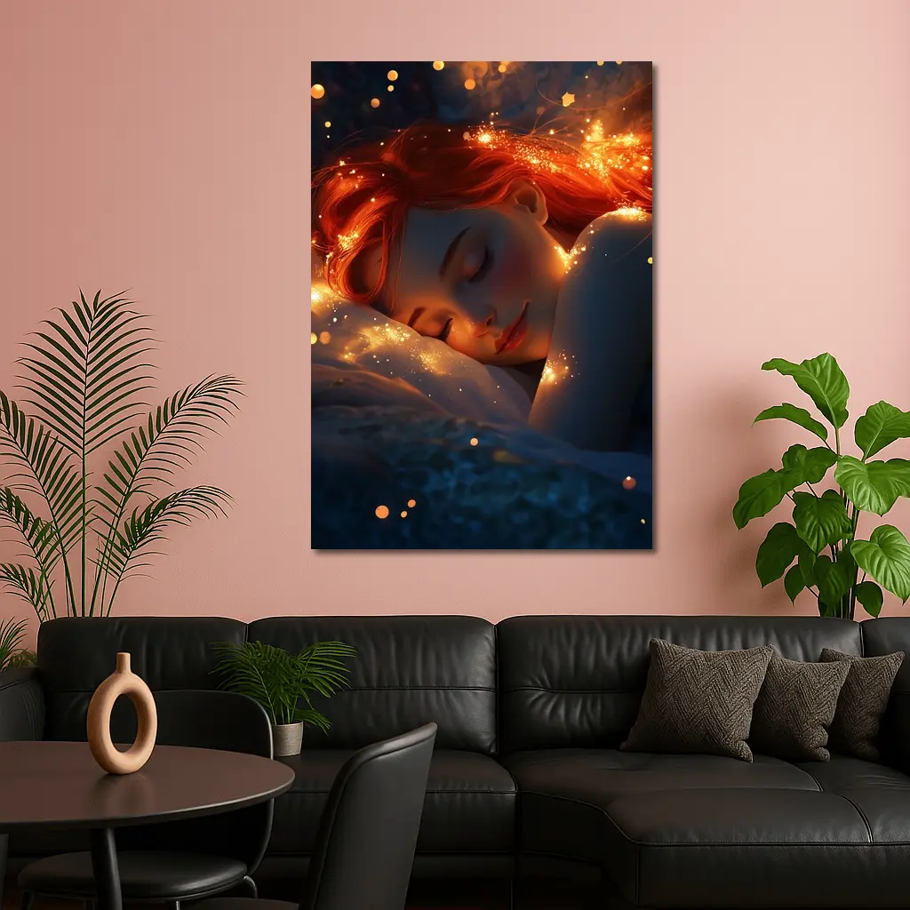 Sleeping Woman Red Hair Glowing Stars Fantasy – Wall Art