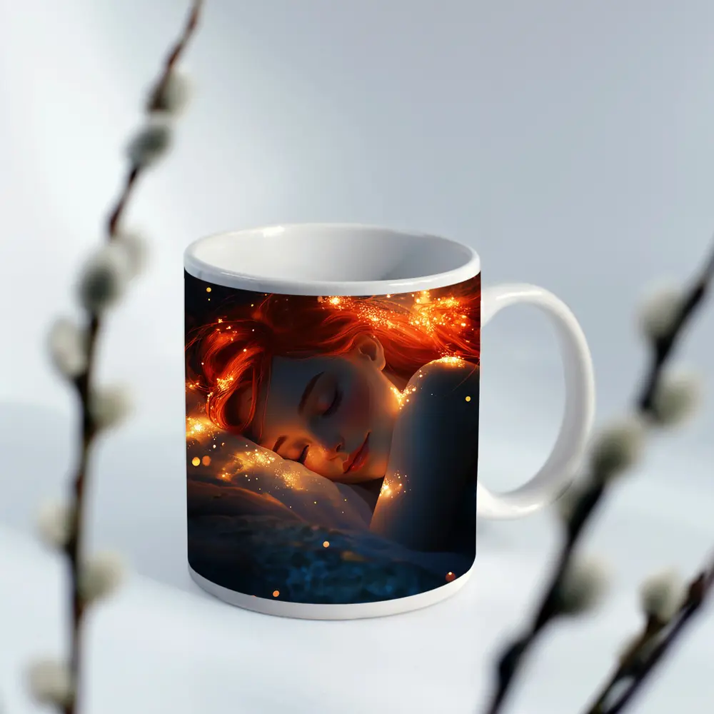 Sleeping Woman Red Hair Glowing Stars Fantasy – Mugs