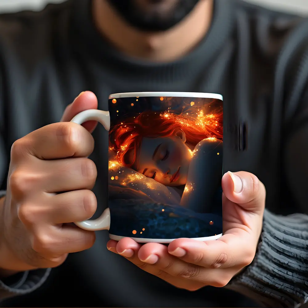 Sleeping Woman Red Hair Glowing Stars Fantasy – Mugs