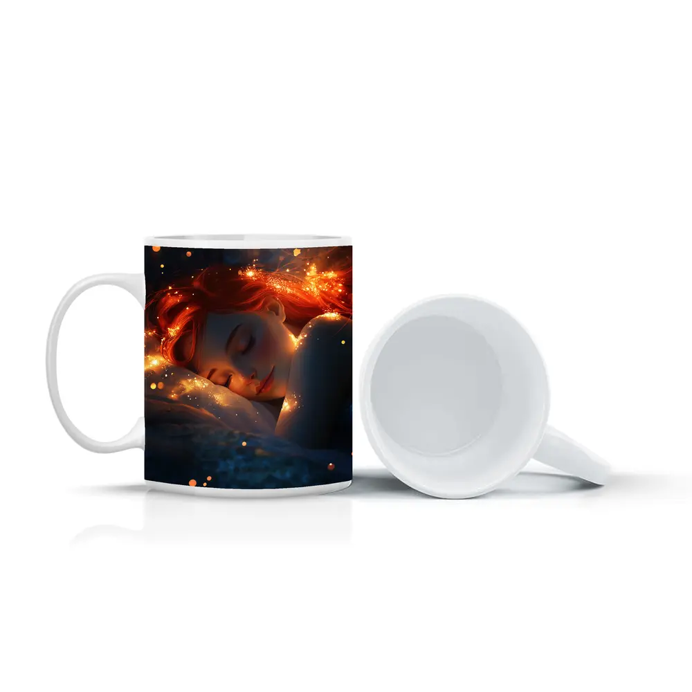 Sleeping Woman Red Hair Glowing Stars Fantasy – Mugs