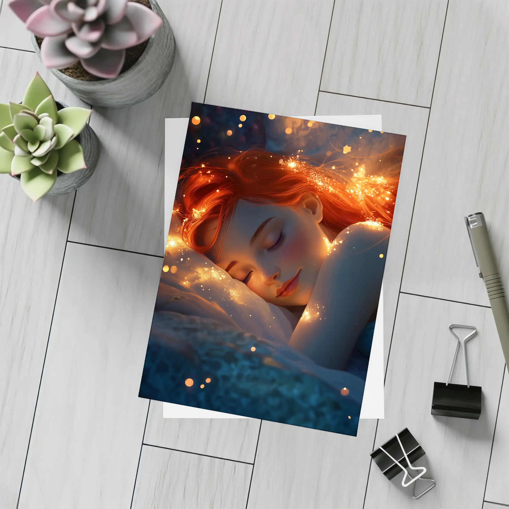 Sleeping Woman Red Hair Glowing Stars Fantasy – Postcards