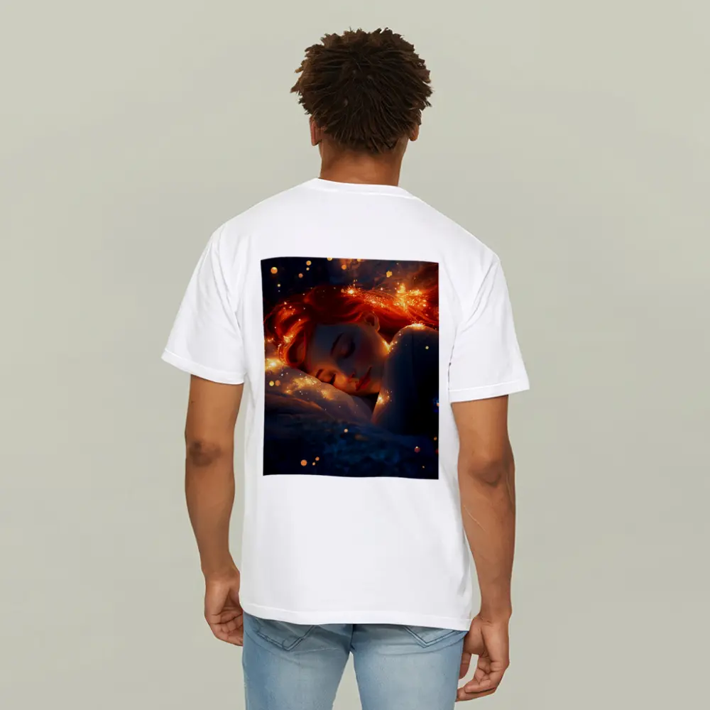 Sleeping Woman Red Hair Glowing Stars Fantasy – T-Shirts