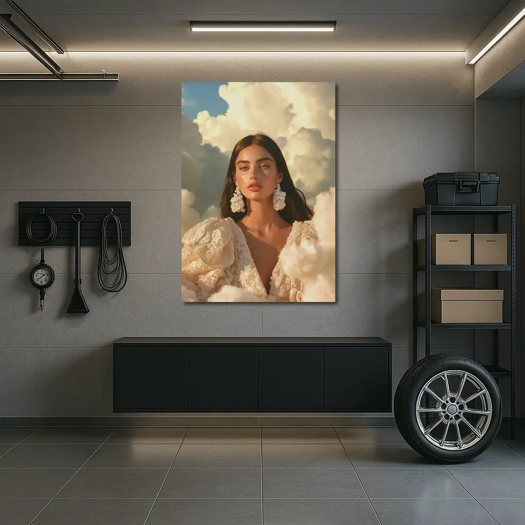 Woman In Lace Dress Among Clouds – Wall Art