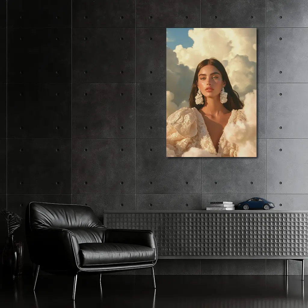 Woman In Lace Dress Among Clouds – Wall Art