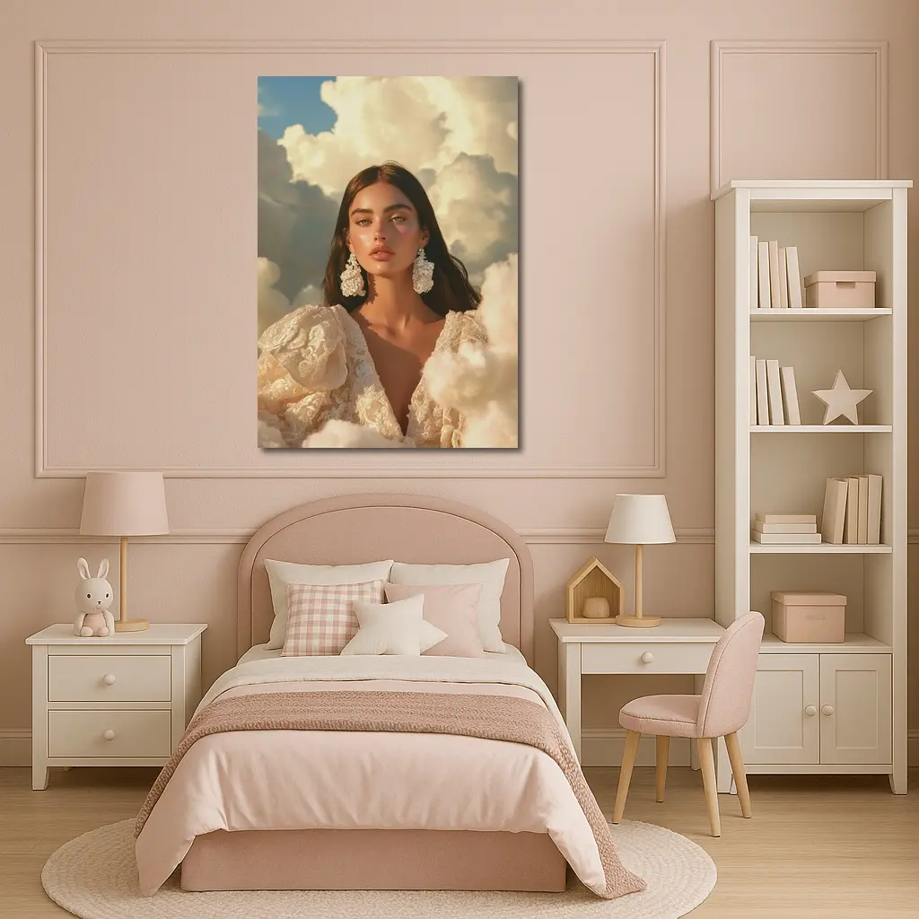 Woman In Lace Dress Among Clouds – Wall Art