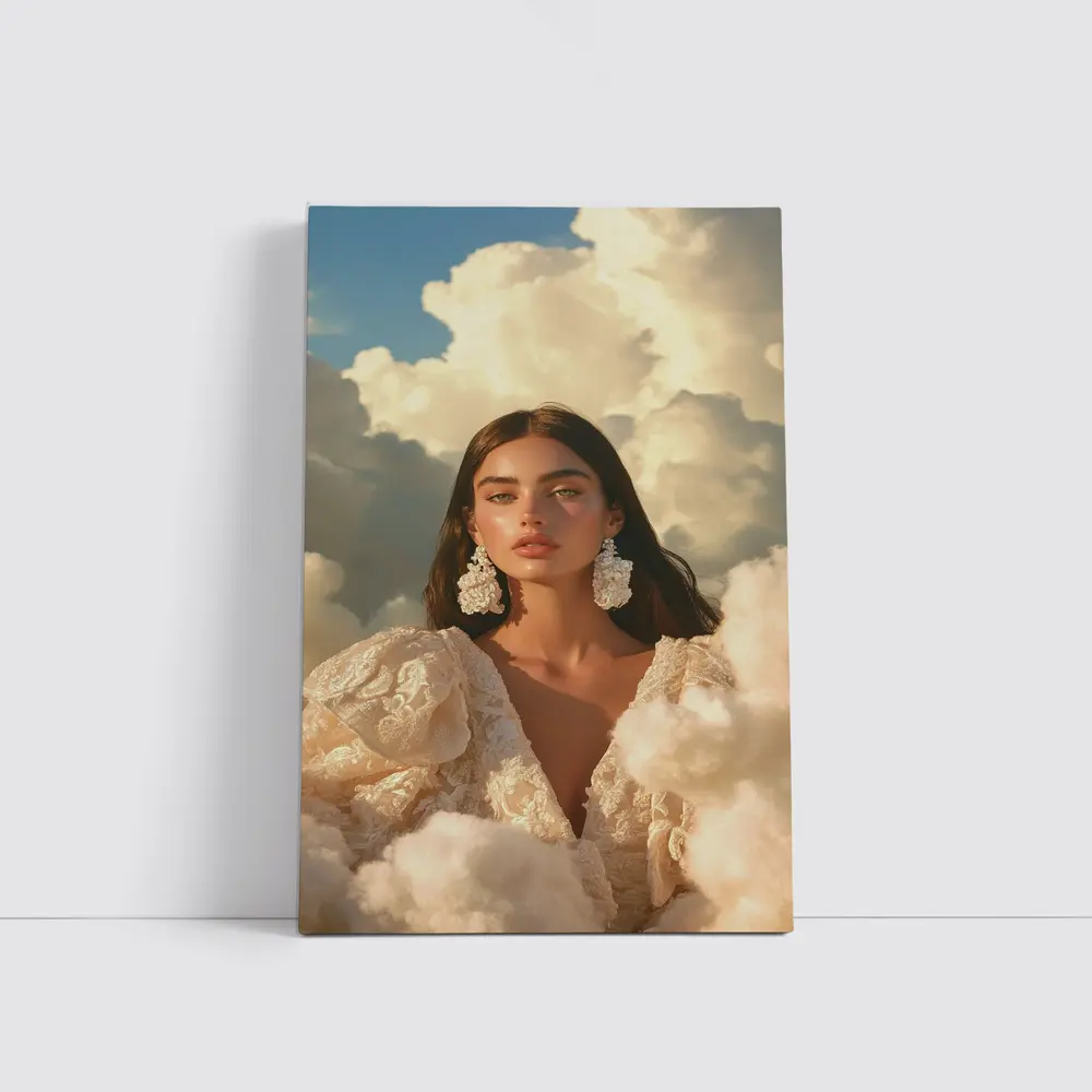 Woman In Lace Dress Among Clouds – Wall Art
