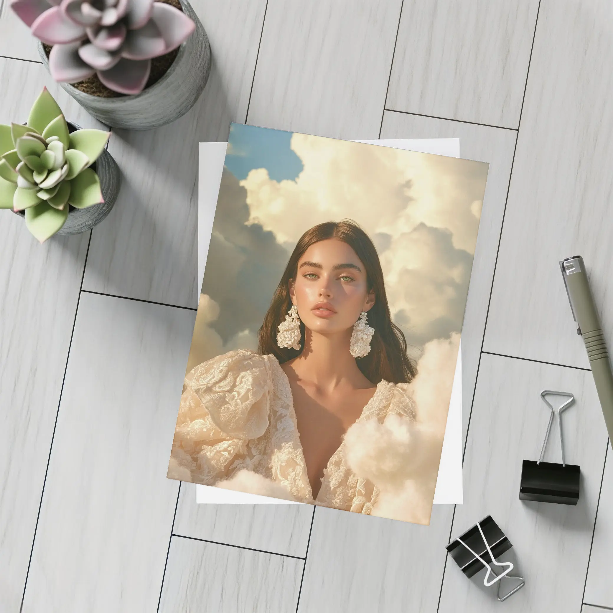 Woman In Lace Dress Among Clouds – Postcards