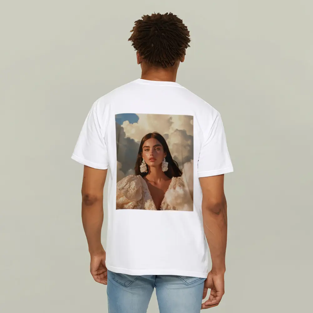 Woman In Lace Dress Among Clouds – T-Shirts