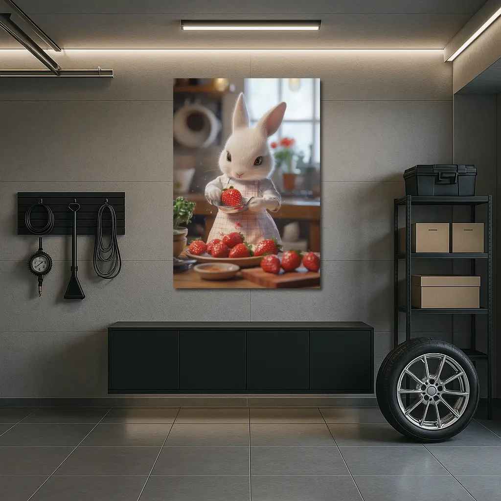 White Bunny Chef Cooking With Strawberries Kitchen – Wall Art
