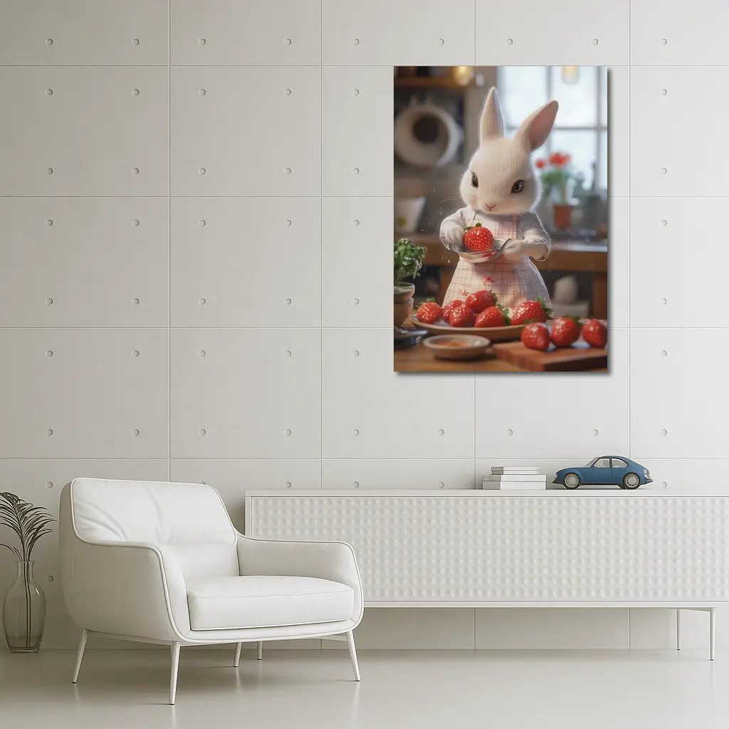 White Bunny Chef Cooking With Strawberries Kitchen – Wall Art