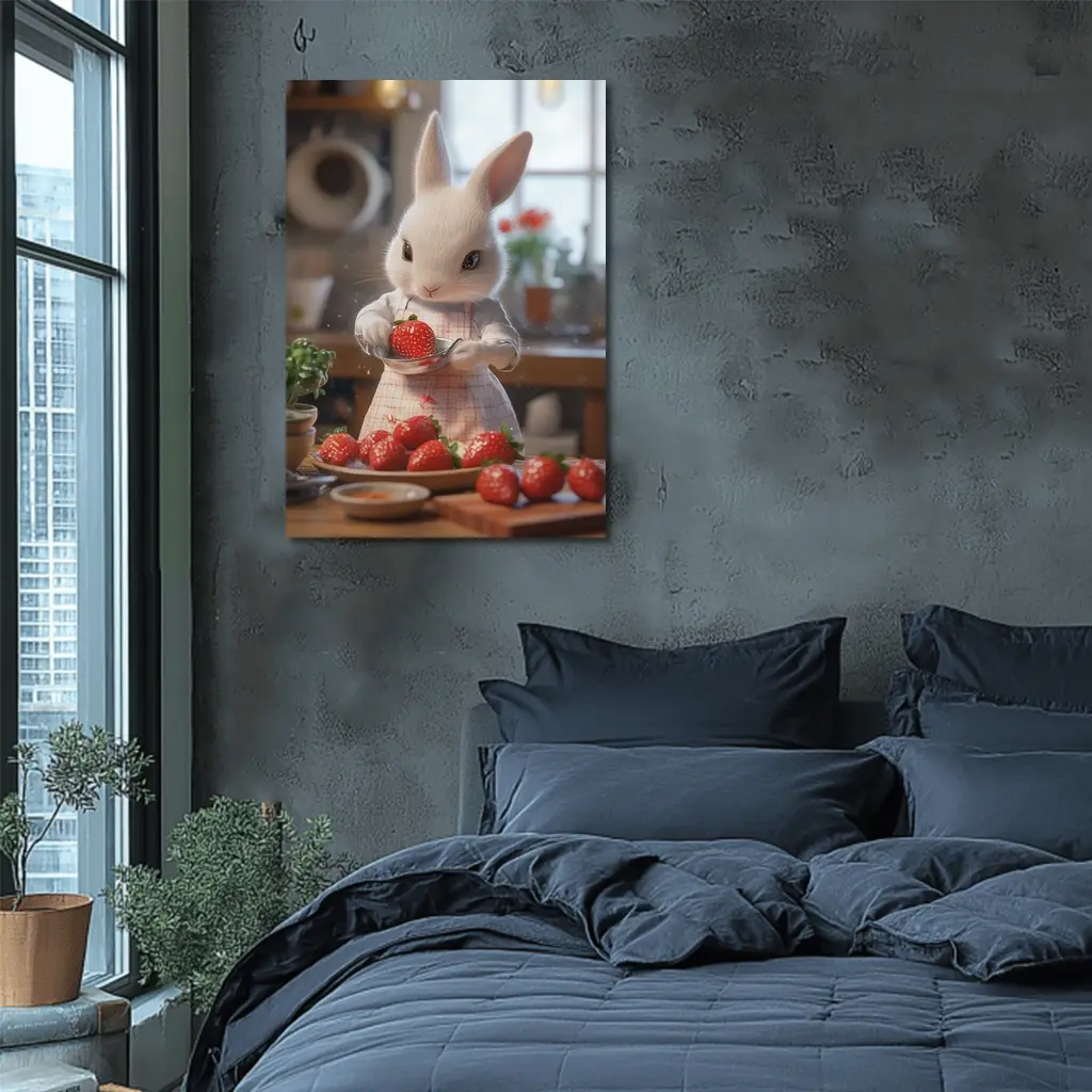 White Bunny Chef Cooking With Strawberries Kitchen – Wall Art