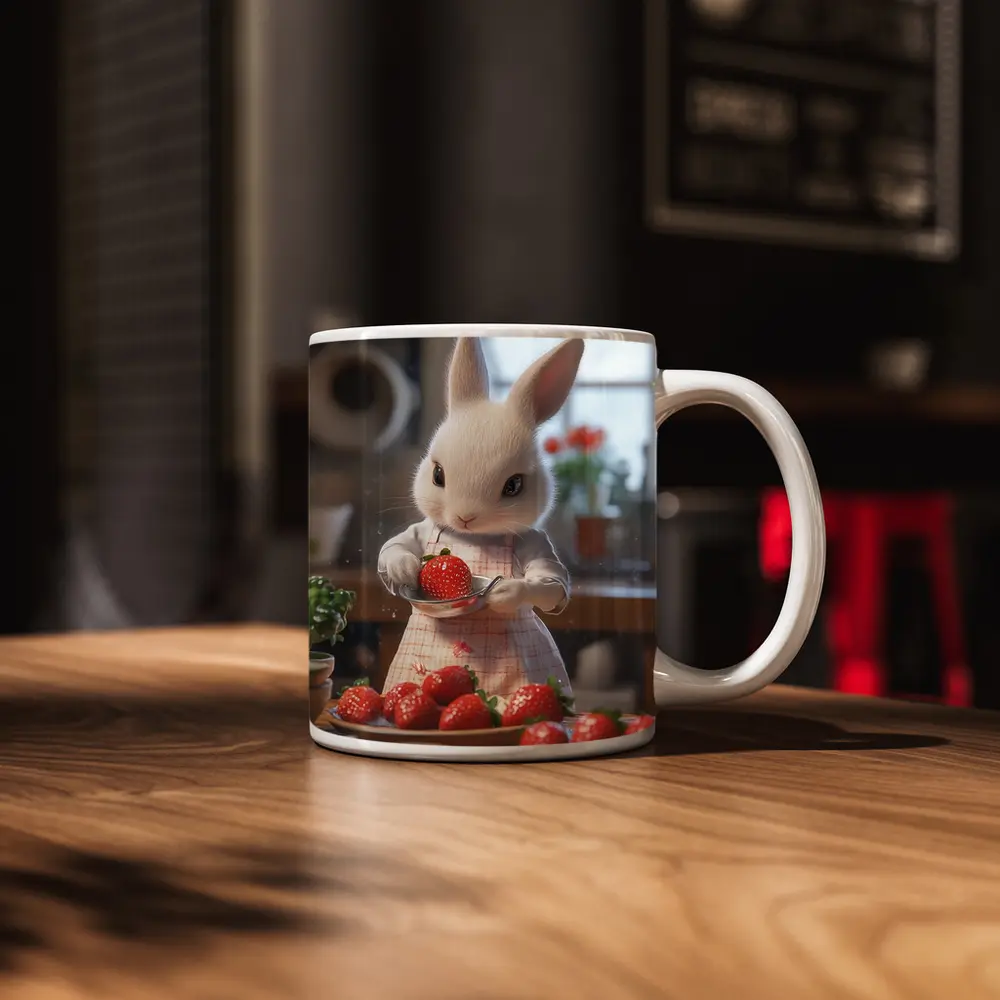 White Bunny Chef Cooking With Strawberries Kitchen – Mugs