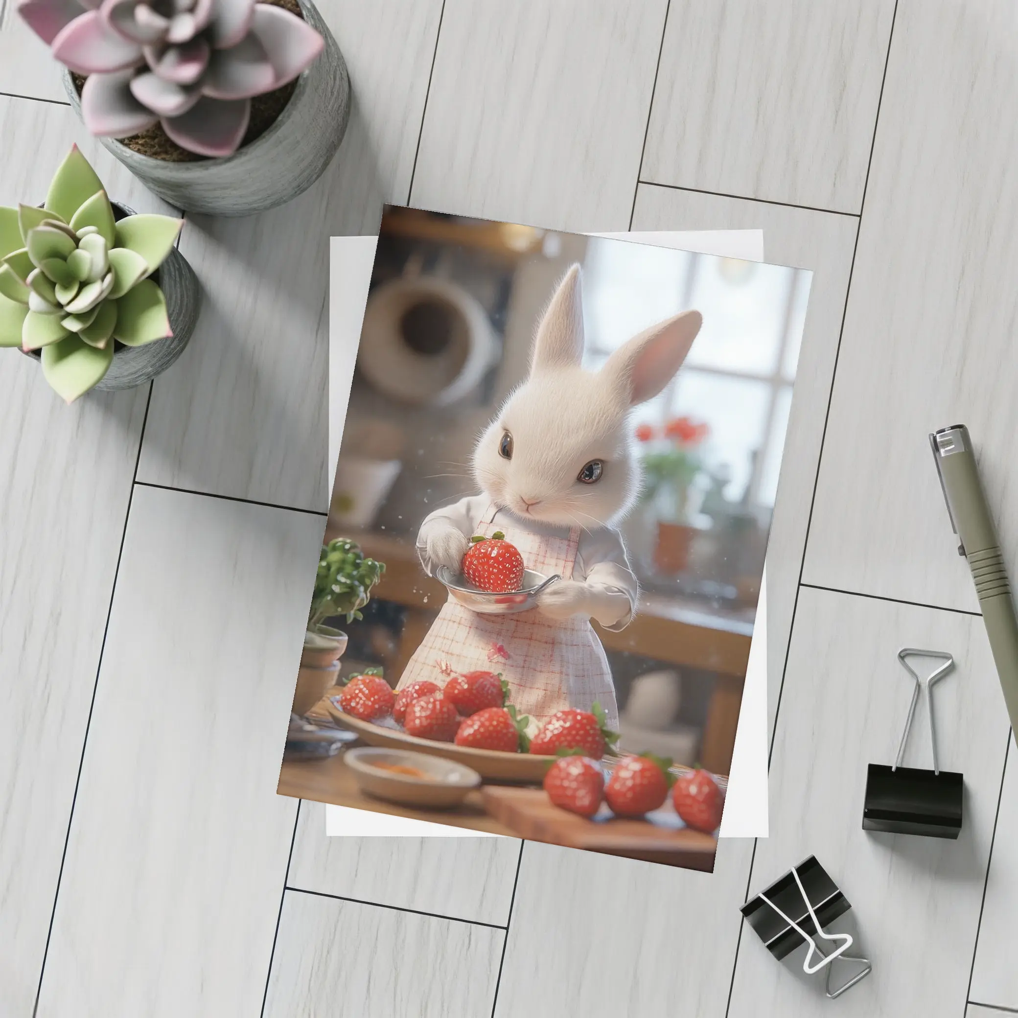 White Bunny Chef Cooking With Strawberries Kitchen – Postcards