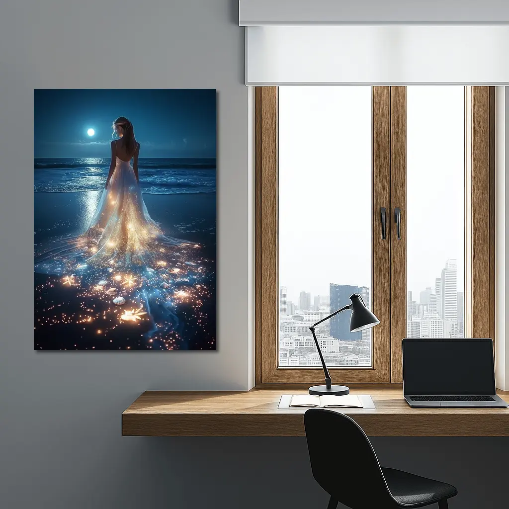 Woman In Glowing Dress On Moonlit Beach – Wall Art