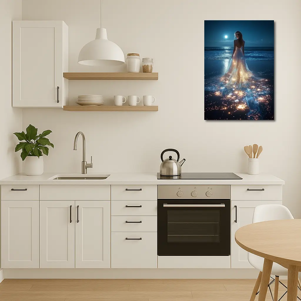 Woman In Glowing Dress On Moonlit Beach – Wall Art