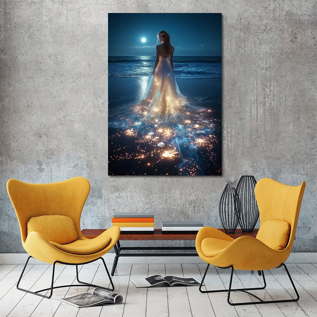 Woman In Glowing Dress On Moonlit Beach – Wall Art