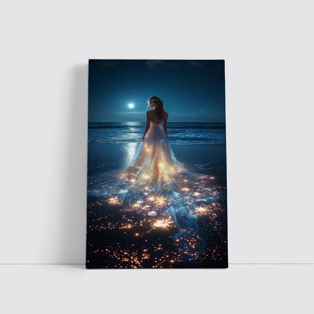 Woman In Glowing Dress On Moonlit Beach – Wall Art
