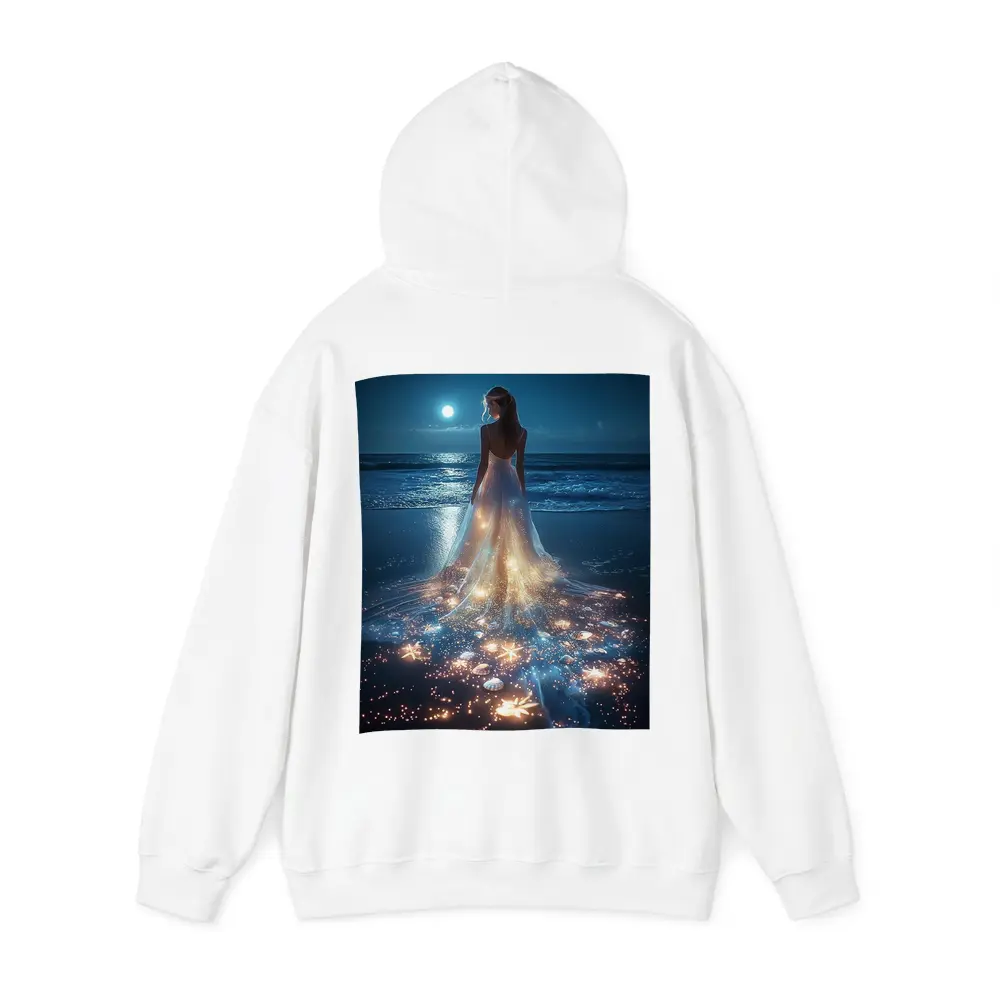Woman In Glowing Dress On Moonlit Beach – Hoodies