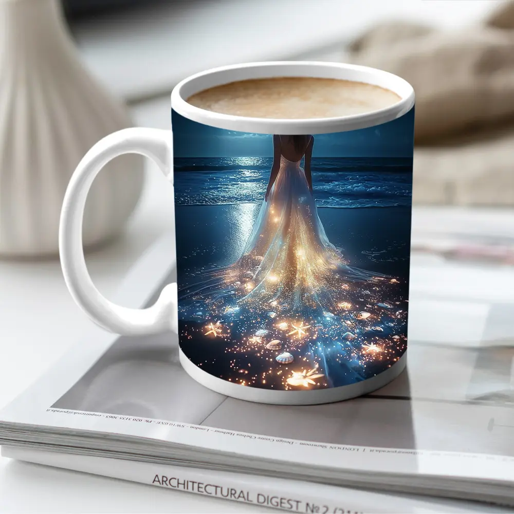Woman In Glowing Dress On Moonlit Beach – Mugs
