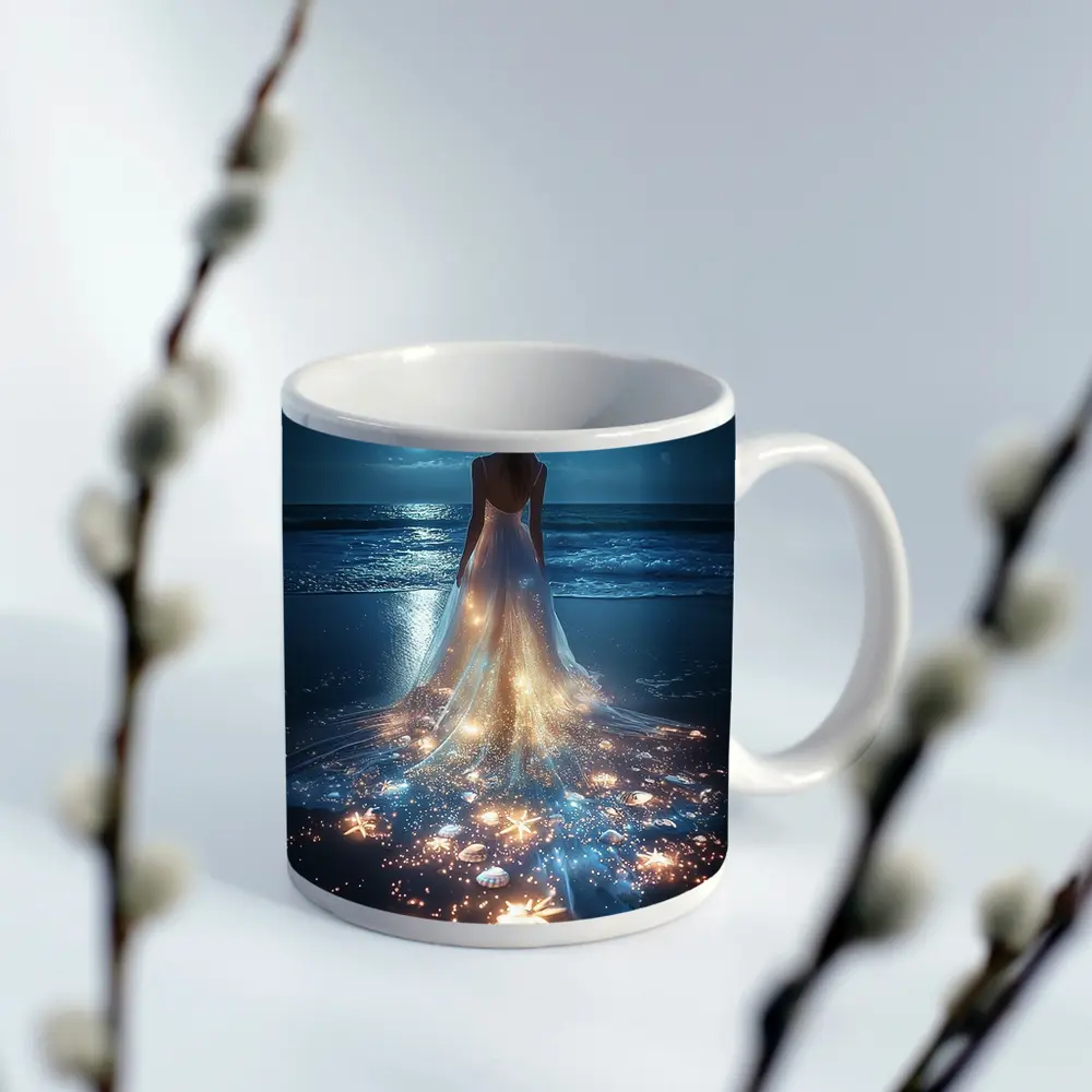 Woman In Glowing Dress On Moonlit Beach – Mugs