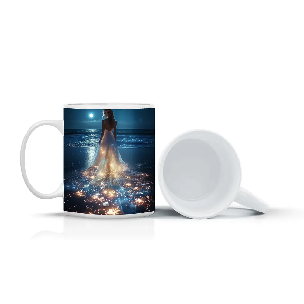 Woman In Glowing Dress On Moonlit Beach – Mugs