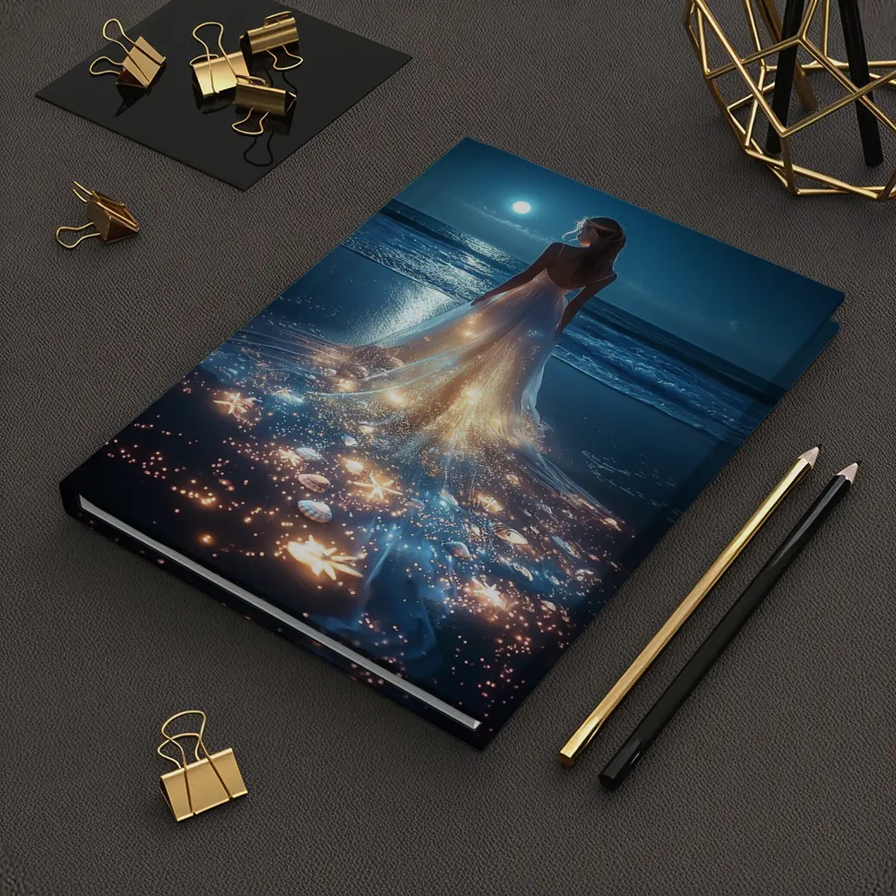 Woman In Glowing Dress On Moonlit Beach – Notebooks