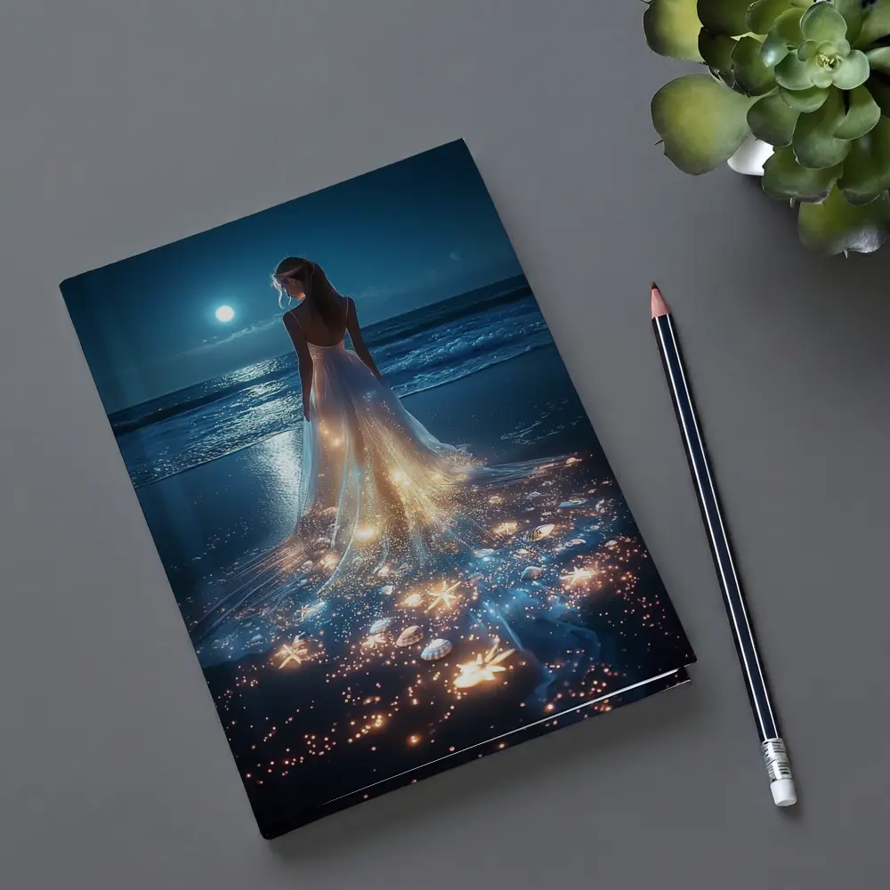 Woman In Glowing Dress On Moonlit Beach – Notebooks