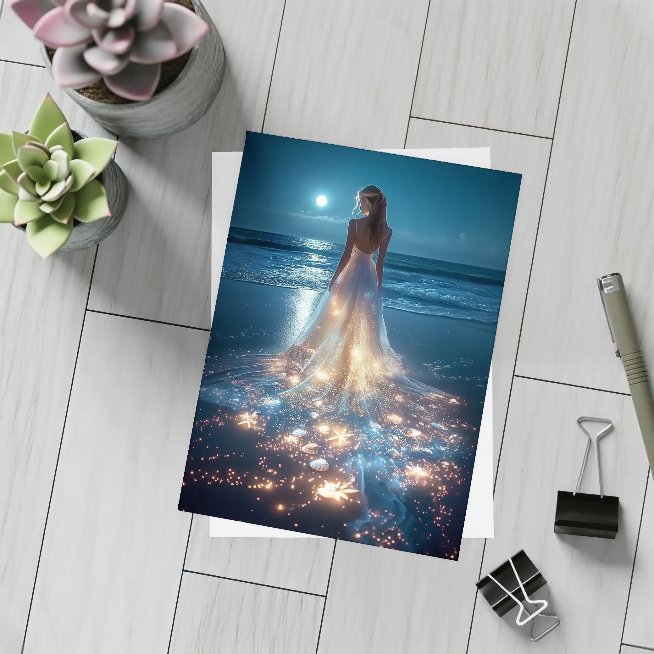 Woman In Glowing Dress On Moonlit Beach – Postcards