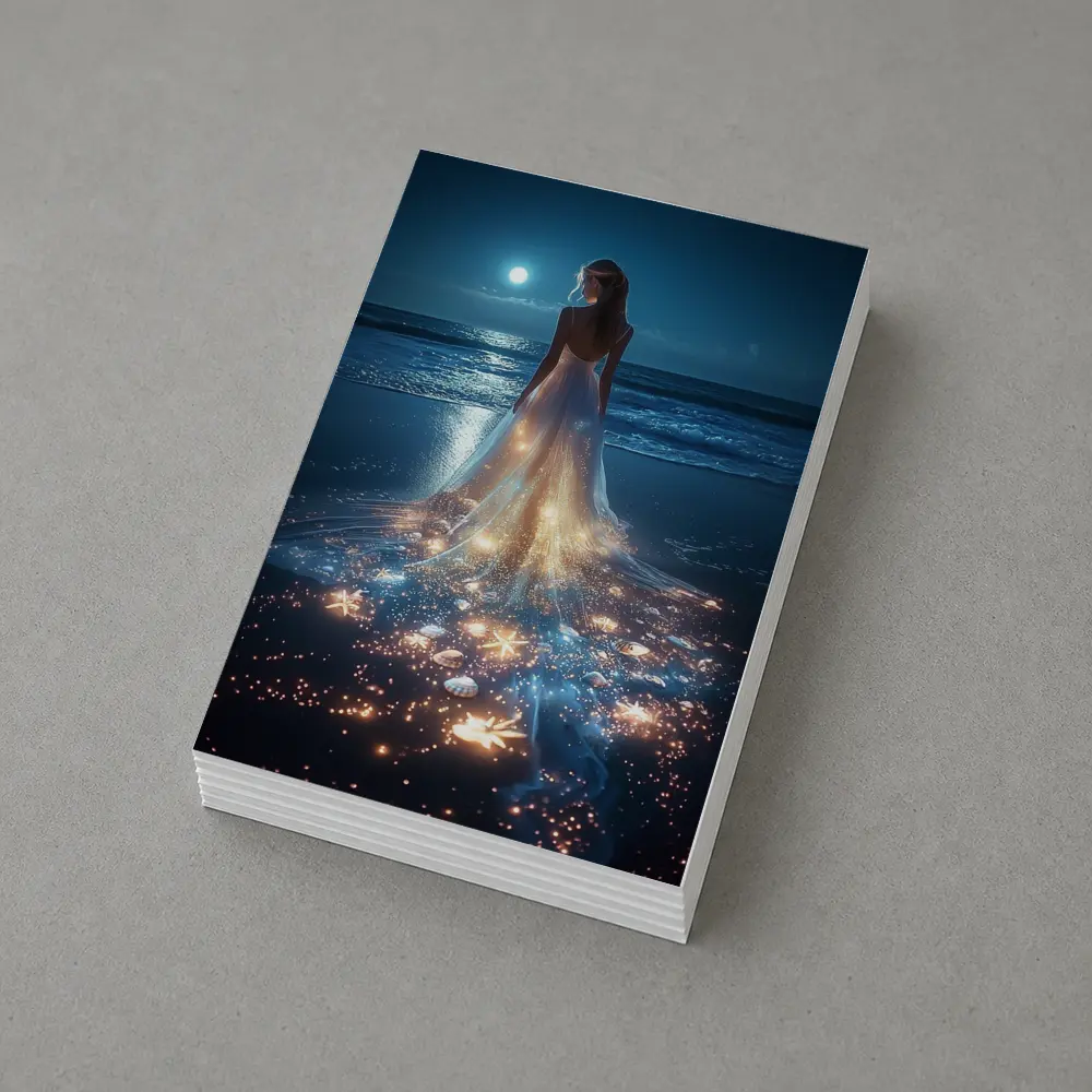 Woman In Glowing Dress On Moonlit Beach – Postcards