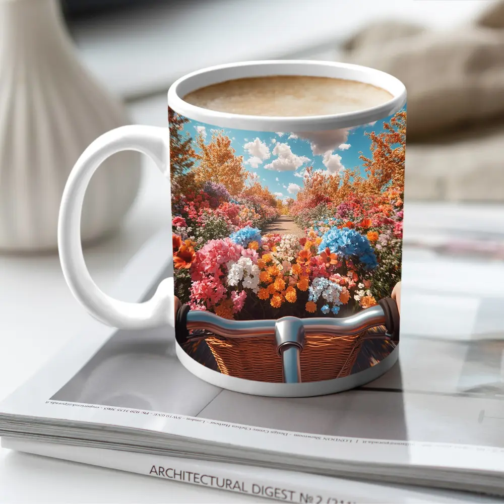 Bicycle Ride Through Colorful Flower Garden – Mugs