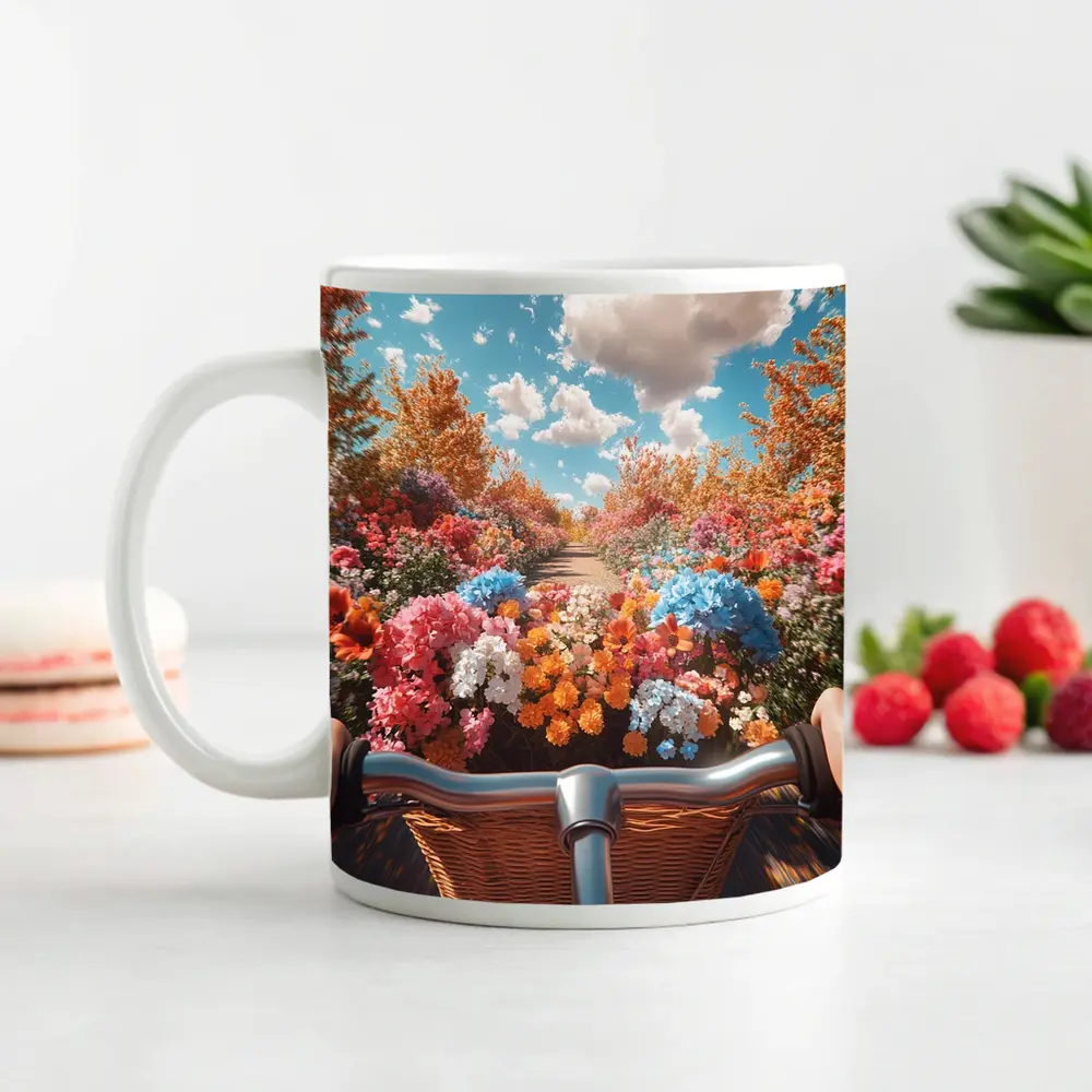 Bicycle Ride Through Colorful Flower Garden – Mugs
