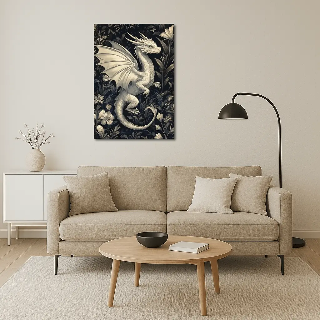 Dragon Illustration Dark Floral Garden Art – Wall Art