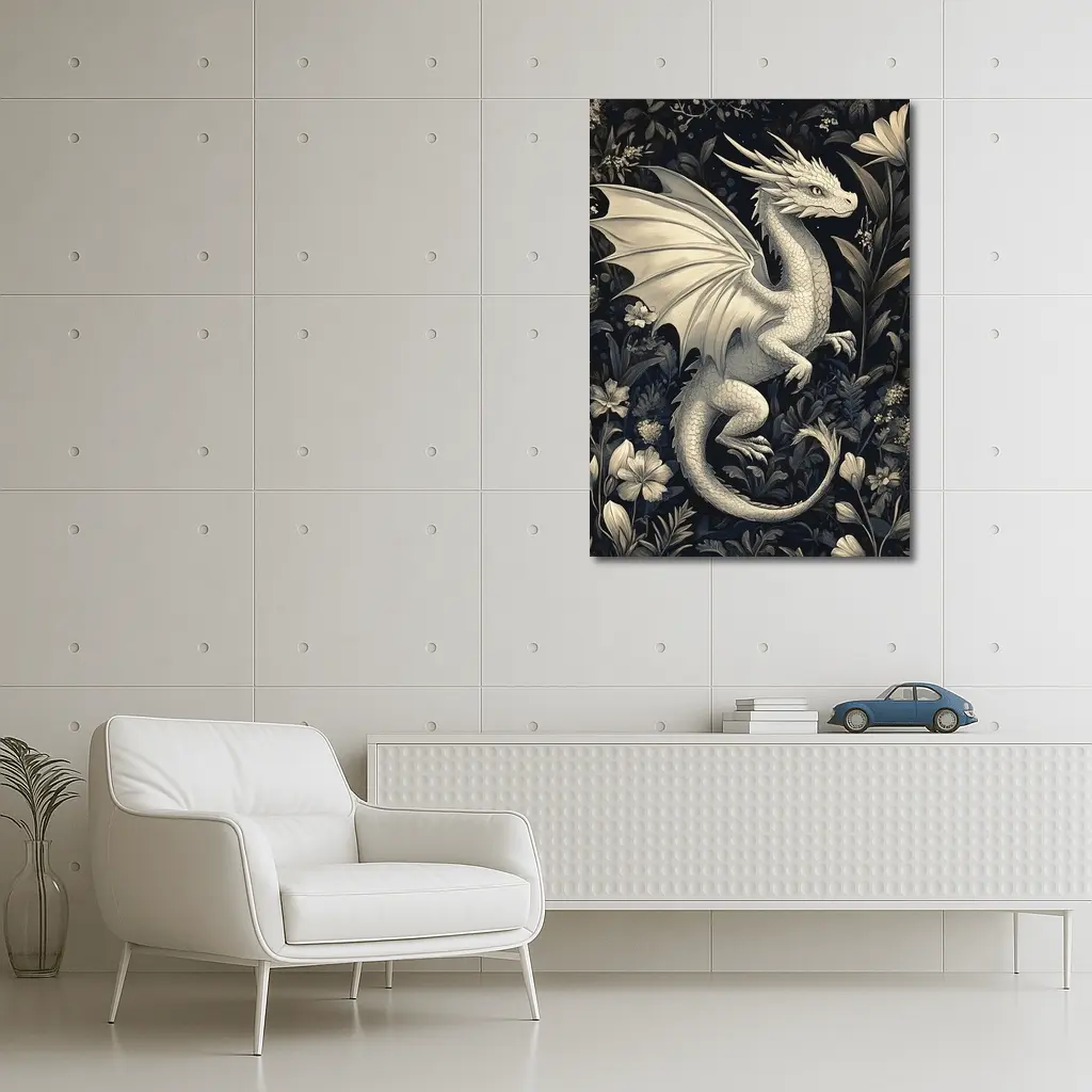 Dragon Illustration Dark Floral Garden Art – Wall Art
