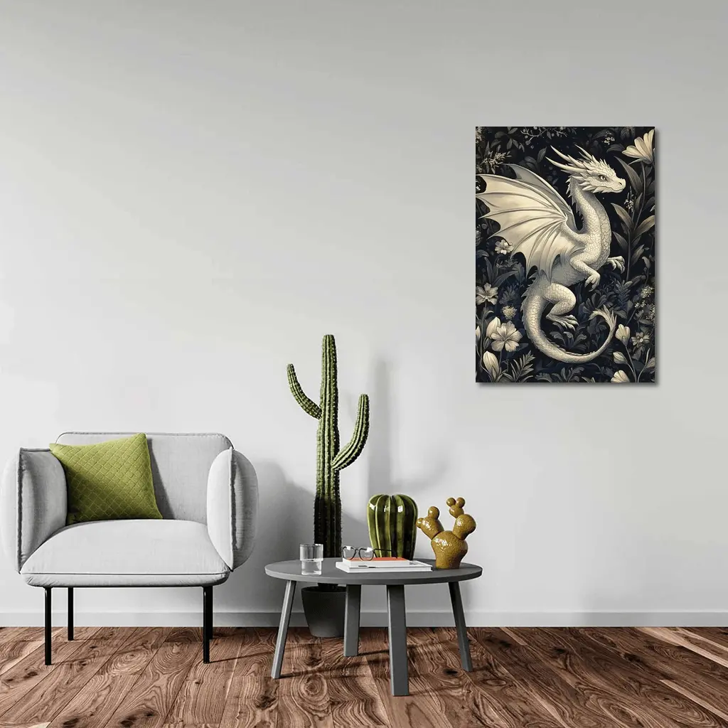 Dragon Illustration Dark Floral Garden Art – Wall Art