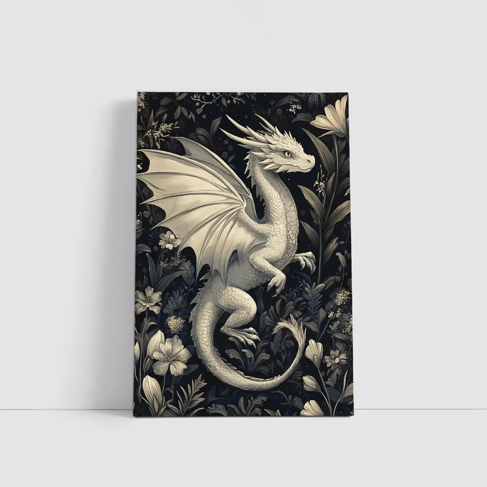 Dragon Illustration Dark Floral Garden Art – Wall Art