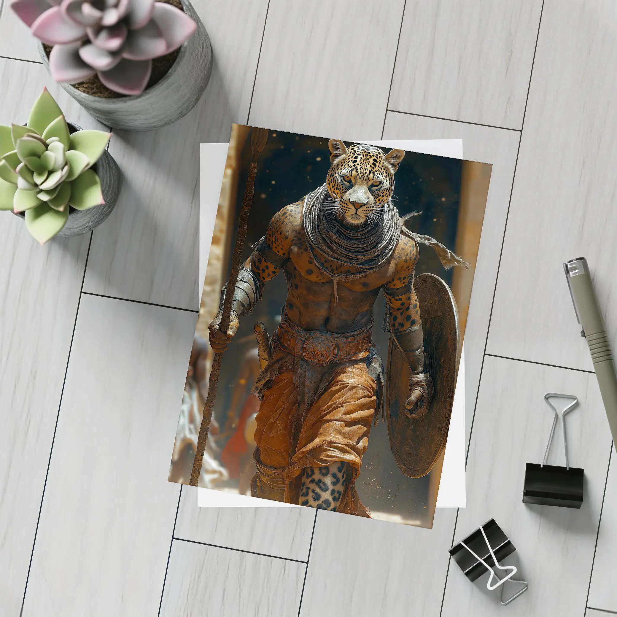 Leopard Warrior Walking Ancient Desert Arena – Postcards