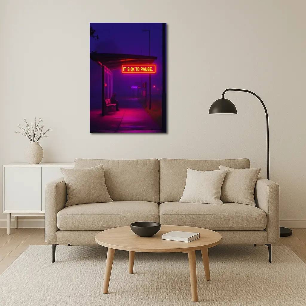 Its Ok To Pause Neon Bus Stop Night – Wall Art