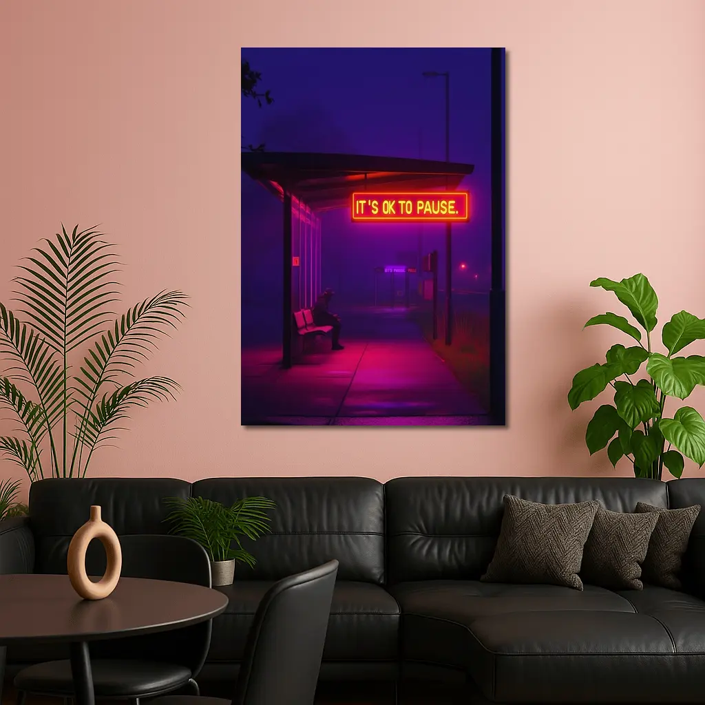 Its Ok To Pause Neon Bus Stop Night – Wall Art