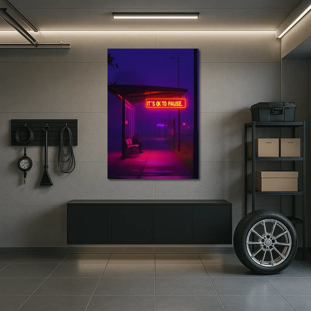 Its Ok To Pause Neon Bus Stop Night – Wall Art