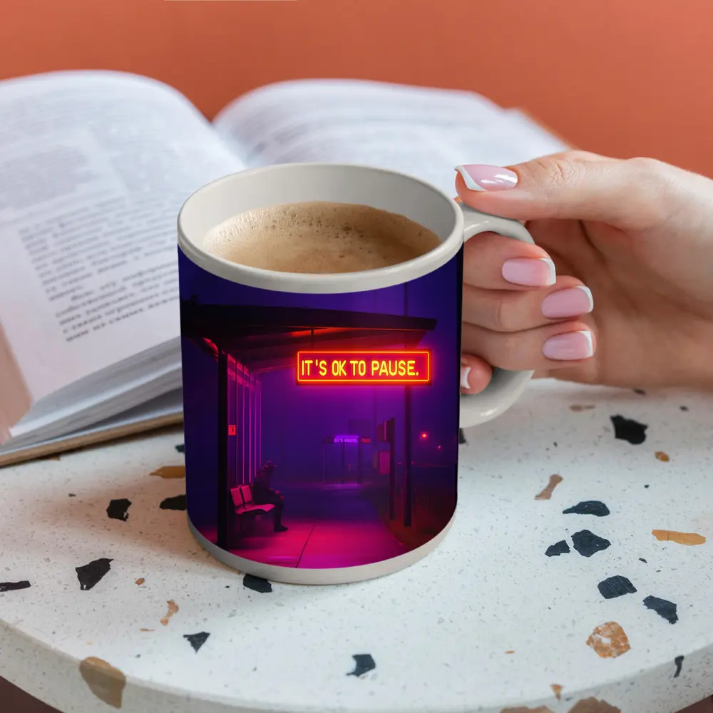 Its Ok To Pause Neon Bus Stop Night – Mugs