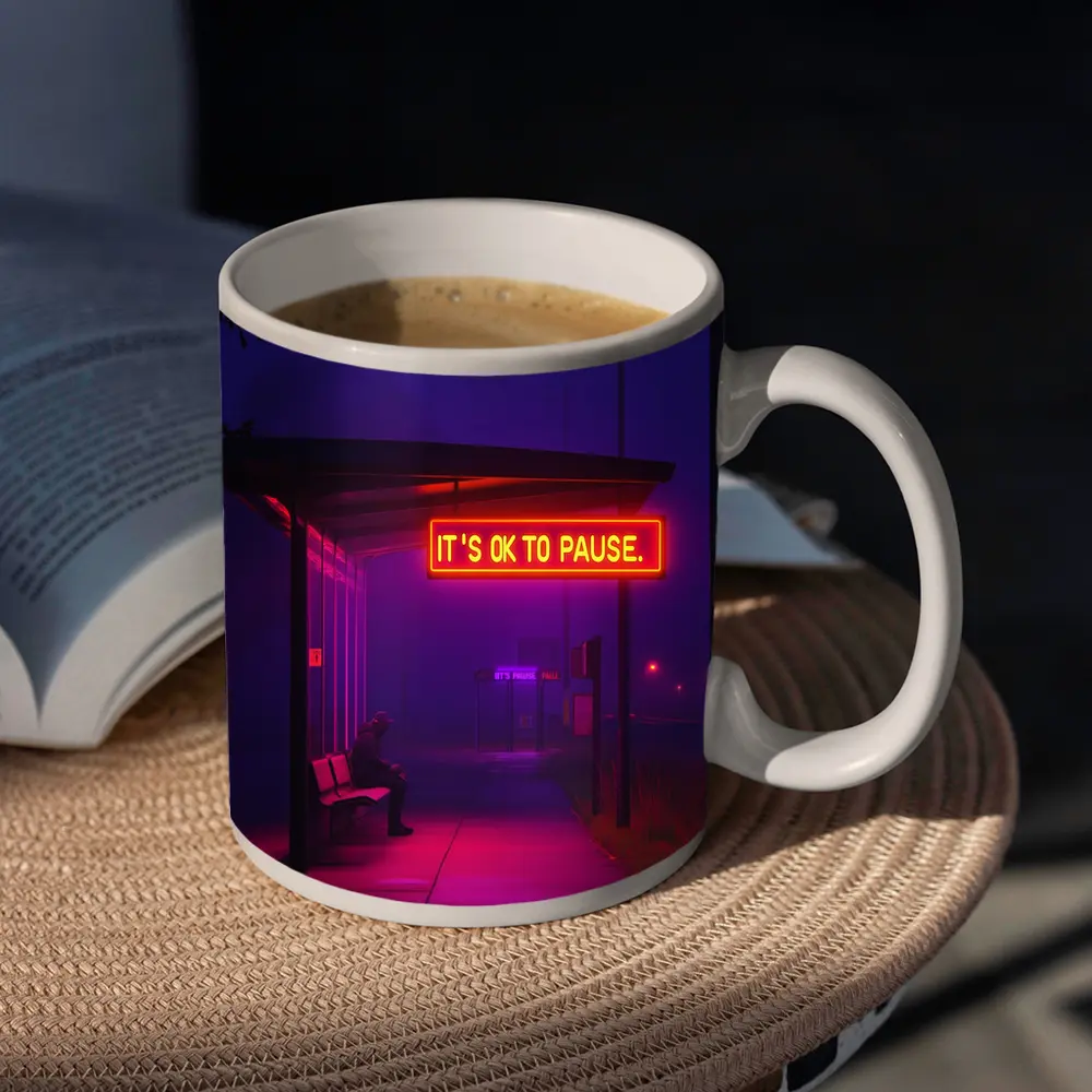 Its Ok To Pause Neon Bus Stop Night – Mugs