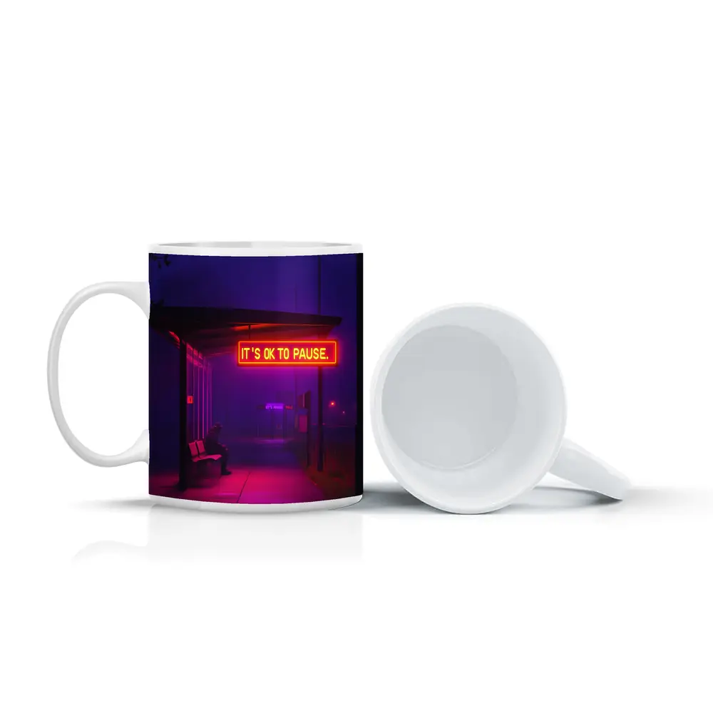 Its Ok To Pause Neon Bus Stop Night – Mugs