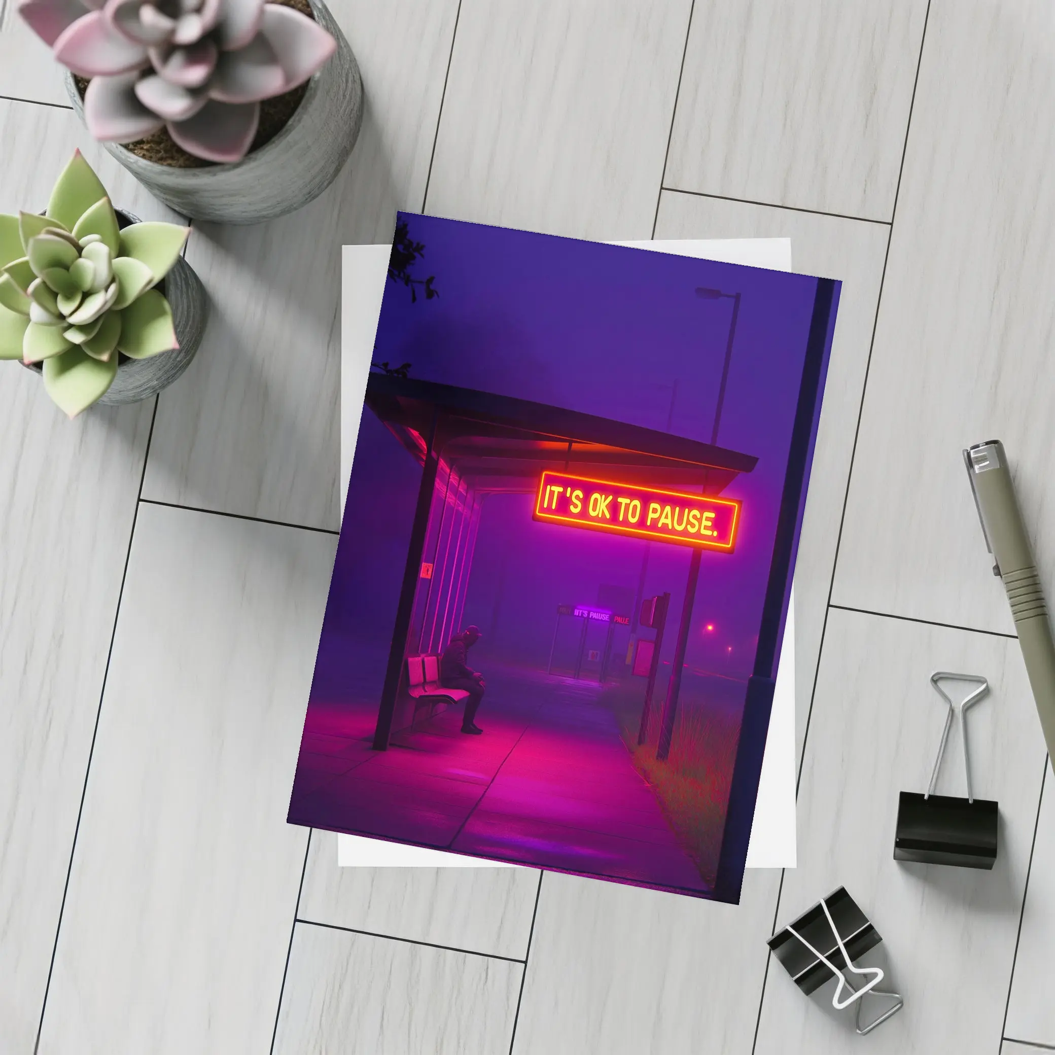 Its Ok To Pause Neon Bus Stop Night – Postcards