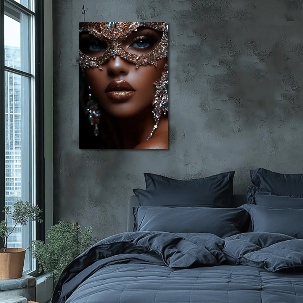 Woman Jeweled Masquerade Mask Blue Eyes – Wall Art