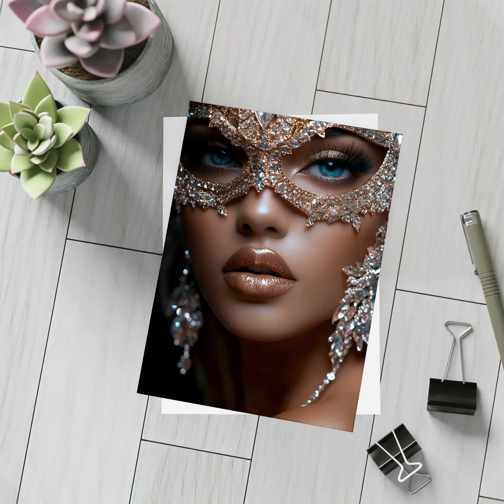 Woman Jeweled Masquerade Mask Blue Eyes – Postcards