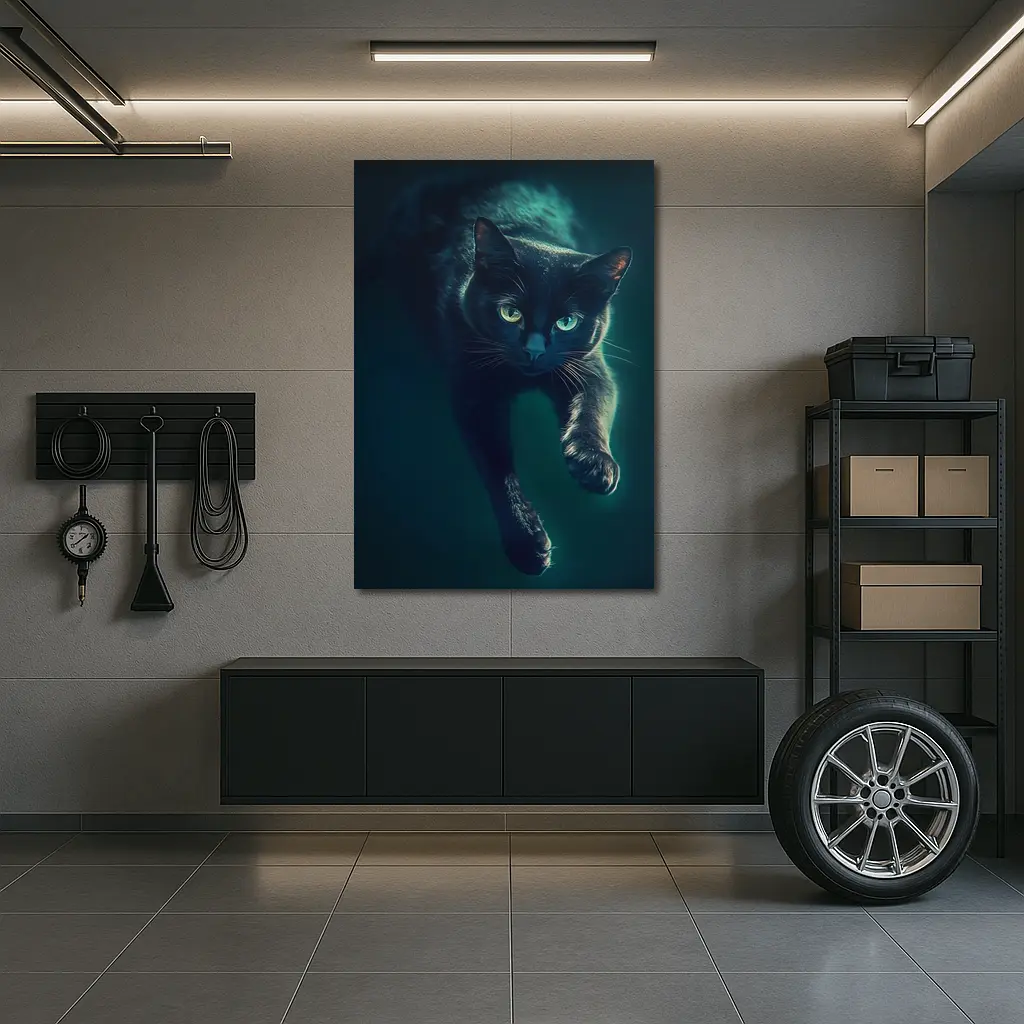 Black Cat Green Eyes Dark Teal Background – Wall Art