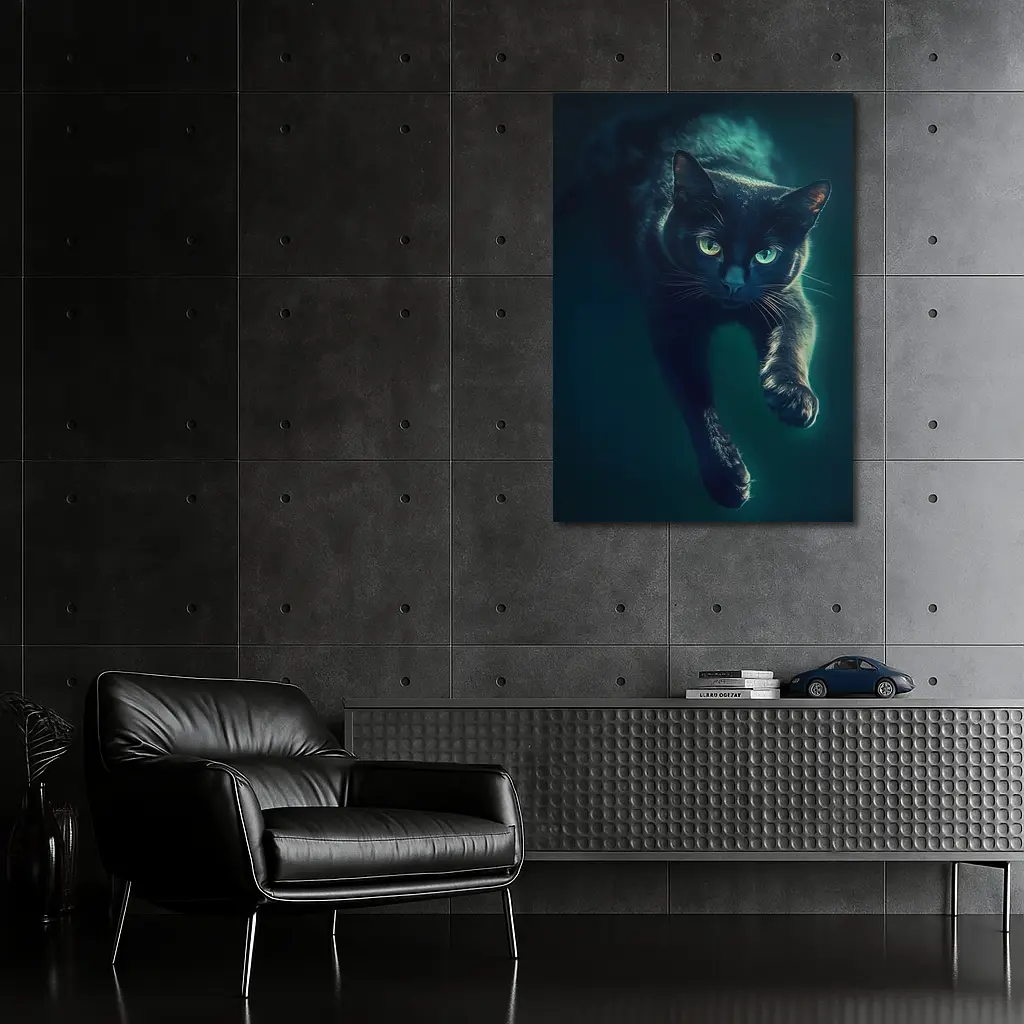 Black Cat Green Eyes Dark Teal Background – Wall Art