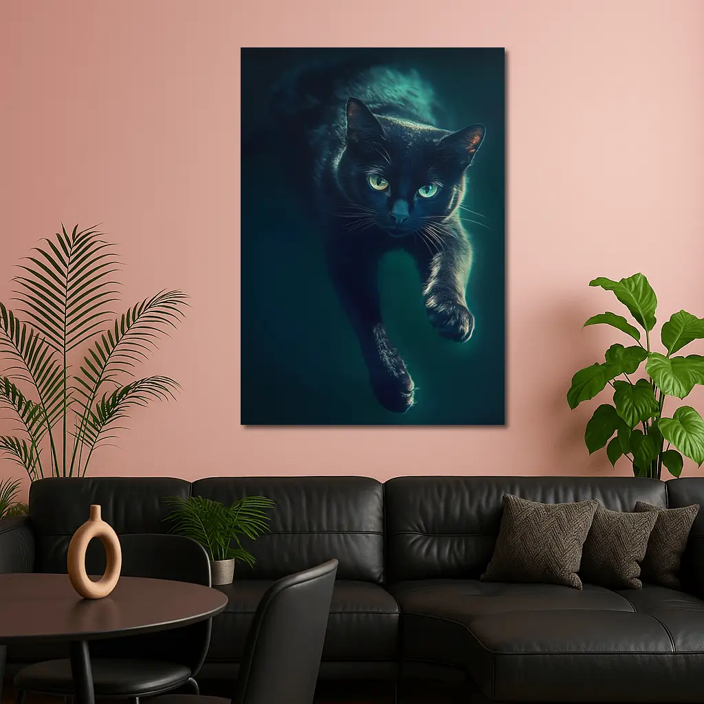 Black Cat Green Eyes Dark Teal Background – Wall Art
