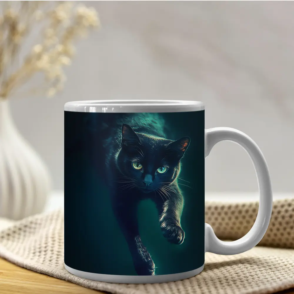Black Cat Green Eyes Dark Teal Background – Mugs