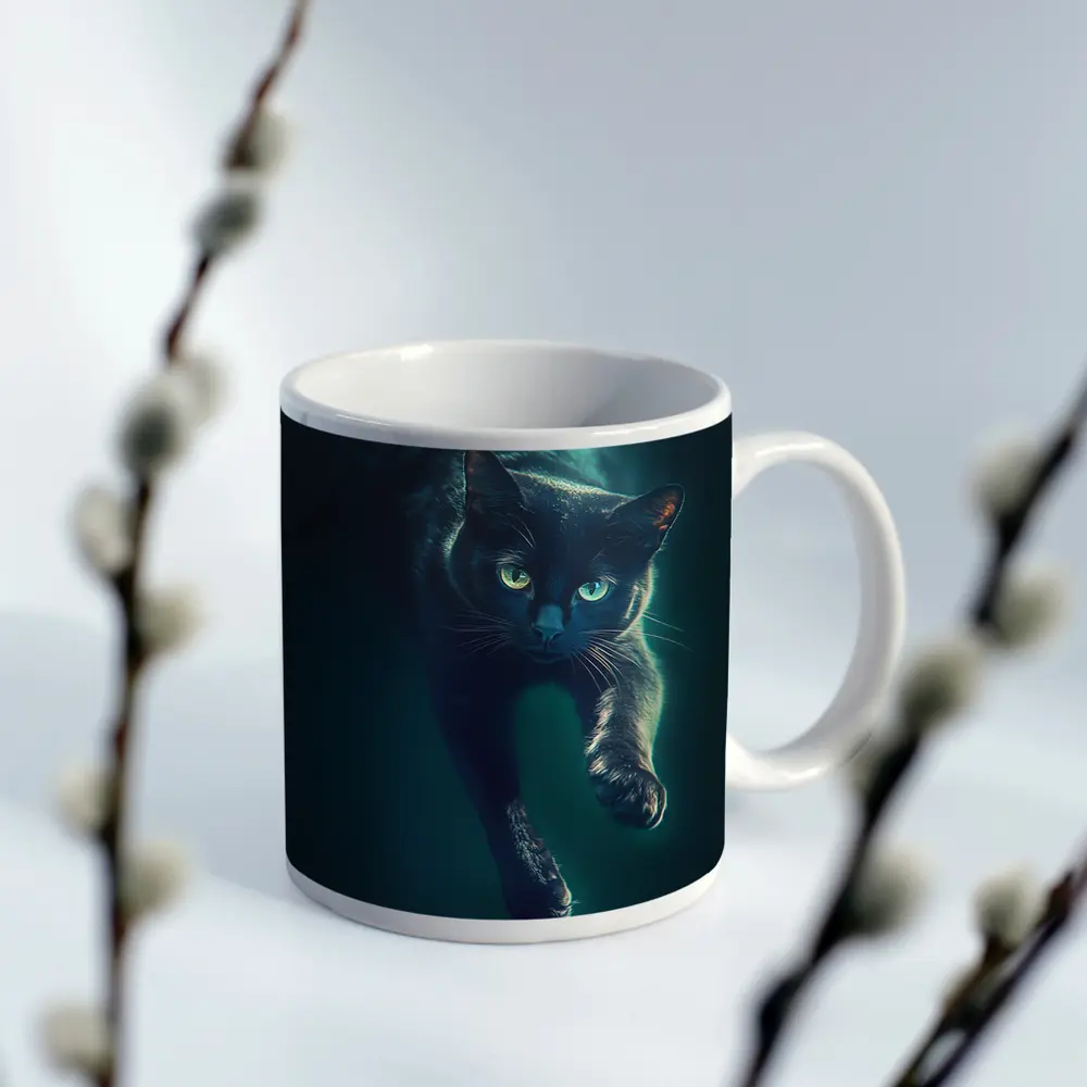 Black Cat Green Eyes Dark Teal Background – Mugs